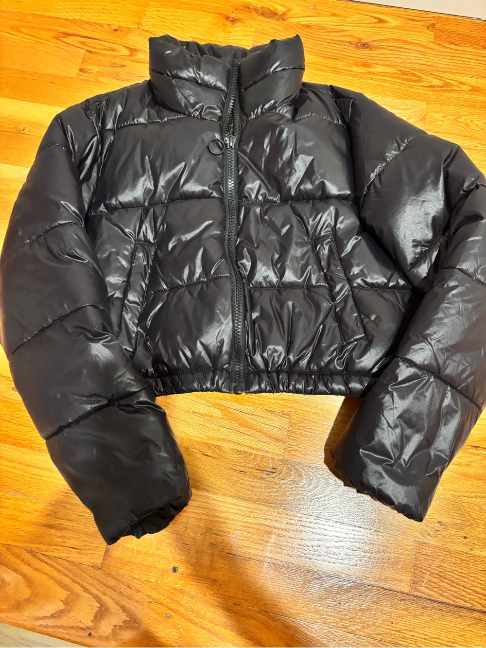 Garage Black Cropped Shiny Puffer Jacket